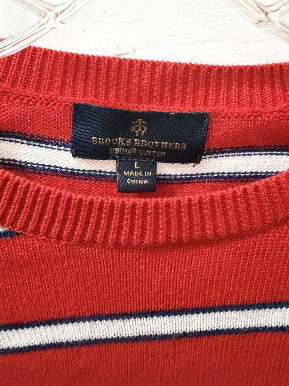 Brooks Brothers Mens Supima Cotton Red Striped Long Sleeve Crewneck Sweater Sz L
